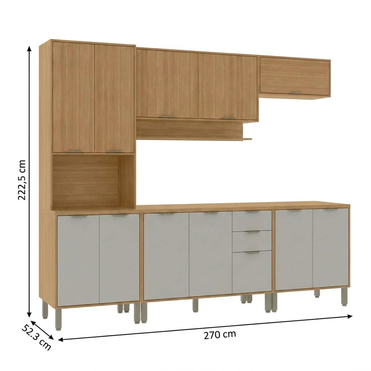 Ver imagem 3 de Cozinha Compacta Modulada 5 Peças 270cm 12 Portas e 2 Gavetas Colors Marrom Freijó/Cinza Chalck