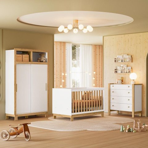 Quarto Infantil Flora Guarda Roupa 2 Portas Correr, Comoda 4 Gavetas, Berço Freijo/branco