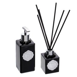 Kit Lavabo 2 produtos vidros pretos enfeites prateados - Fragrância: Miami Shopping