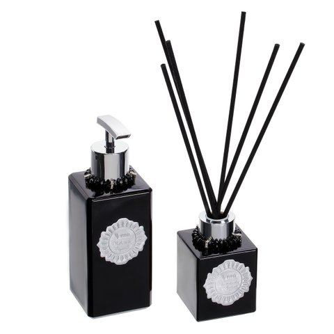 Kit Lavabo 2 produtos vidros pretos enfeites prateados - Fragrância: Miami Shopping