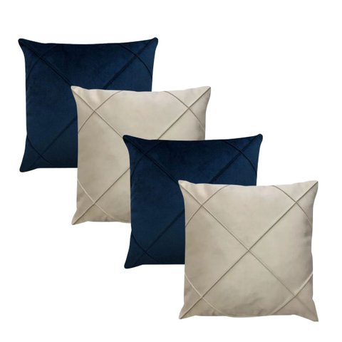Kit 4 Capas de Almofada Veludo Drapeada Quadrada Bege e Azul Marinho