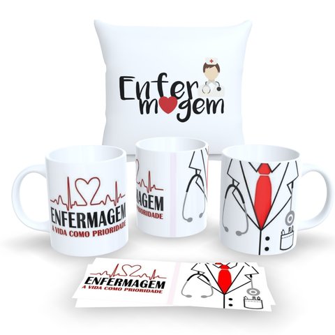 Kit com 1 Caneca de Porcelana e 1 Almofada Branca 30x30cm Personalizadas Profissões "enfermagem"