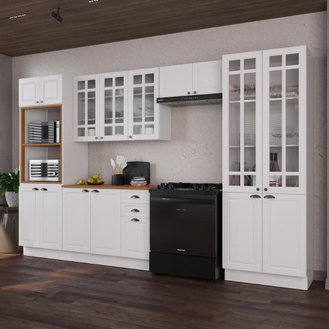 Cozinha Modulada Completa Americana 100% MDF 350cm com Rodapé Provence Multimóveis Crink-CPL009