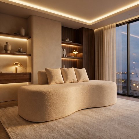 Sofa Organico 3LUGARES Feijão Bouclé Bege Curvo Anatomico Salas Clinicas Recepçao Barbearias Hotel P