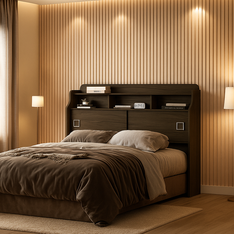 Cabeceira Jéssica Castanho de Mdf para Box Queen 1,60 com 2 Portas Nichos e Prateleiras para Quarto