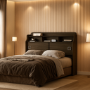 Ver imagem 1 de Cabeceira Jéssica Castanho de Mdf para Box Queen 1,60 com 2 Portas Nichos e Prateleiras para Quarto