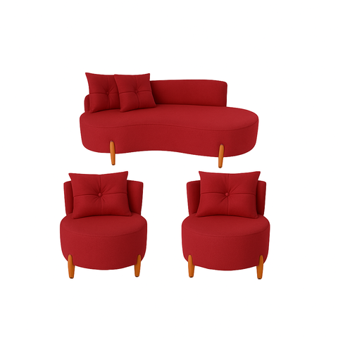 Conjunto 2 Poltronas + Sofá Curvo Orgânico Veludo Vermelho - Montanaris Decor