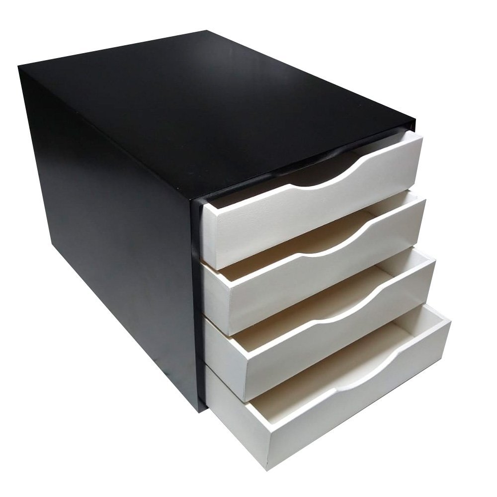 Caixa Arquivo Gaveteiro em Mdf Black Piano com 4 Gavetas Fundas Brancas R3400 Souza