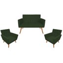 Ver imagem 1 de Kit Namoradeira + 2 Poltronas Decorativa Nina Capitonê Suede Verde Pés Madeira Mz Decor