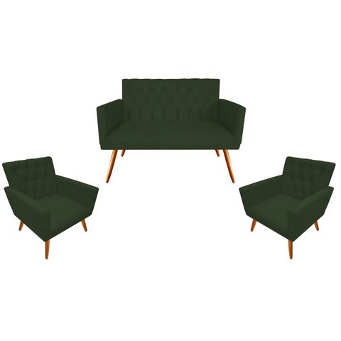 Kit Namoradeira + 2 Poltronas Decorativa Nina Capitonê Suede Verde Pés Madeira Mz Decor