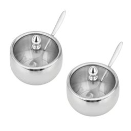Kit 02 Açucareiro Inox Tampa de Vidro Colher Cozinha 300ml - 1