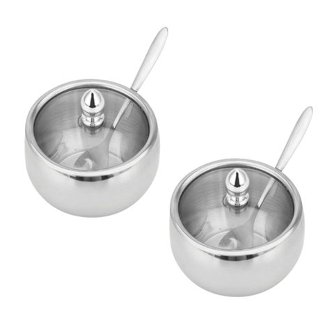 Kit 02 Açucareiro Inox Tampa de Vidro Colher Cozinha 300ml