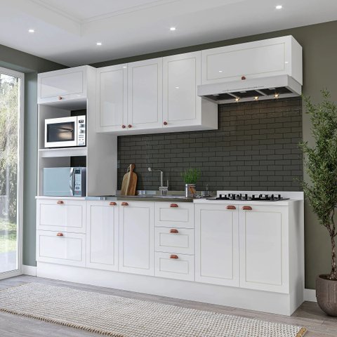 Cozinha Pérola com Rodapé 5 Peças Torre Quente Aéreo 3 Portas Balcão 120 Balcão 80 e Basculante Yescasa