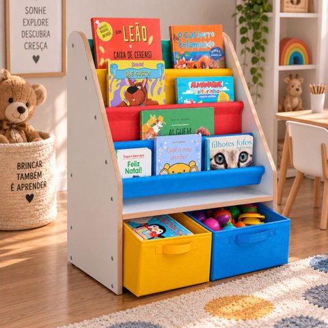 Porta Livros Infantil Decorativo Montessori com 2 Caixas