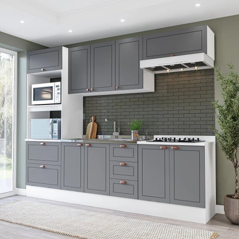 Cozinha Pérola com Rodapé 5 Peças Torre Quente Aéreo 3 Portas Balcão 120 Balcão 80 e Basculante Yesc