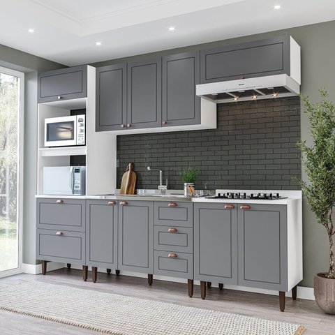 Cozinha Pérola Completa 5 Peças Torre Quente Aéreo 3 Portas Balcão 120 Balcão 80 e Basculante Yescas