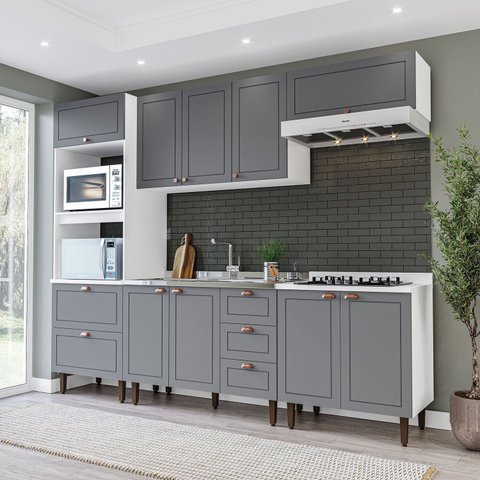 Cozinha Pérola Completa Modulada 5 Peças Torre Quente Aéreo 3 Portas Balcão 120 Balcão 80 e Basculante Yescasa Cinza/Branco