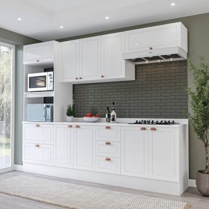 Cozinha Pérola com Tampo e Rodapé 5 Peças Torre Quente Aéreo 3 Portas Basculante Balcão 120 e de 80 