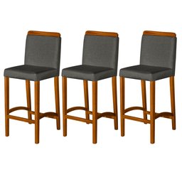 Kit 3 Banquetas Dubai Alta Bar Luxo Pés em Madeira Maciça Área Gourmet Balcão Sacada Hall Cor Cinza - 2