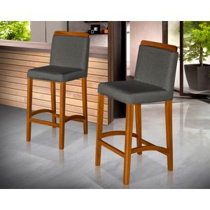 Kit 3 Banquetas Dubai Alta Bar Luxo Pés em Madeira Maciça Área Gourmet Balcão Sacada Hall Cor Cinza