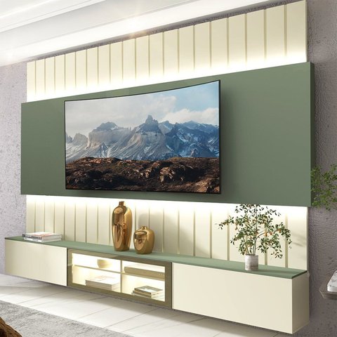 Estante para TV e Home Theater até 90 Polegadas com LED com Vidro Reflecta 100% MDF 227cmx251,5cm Led Soberano