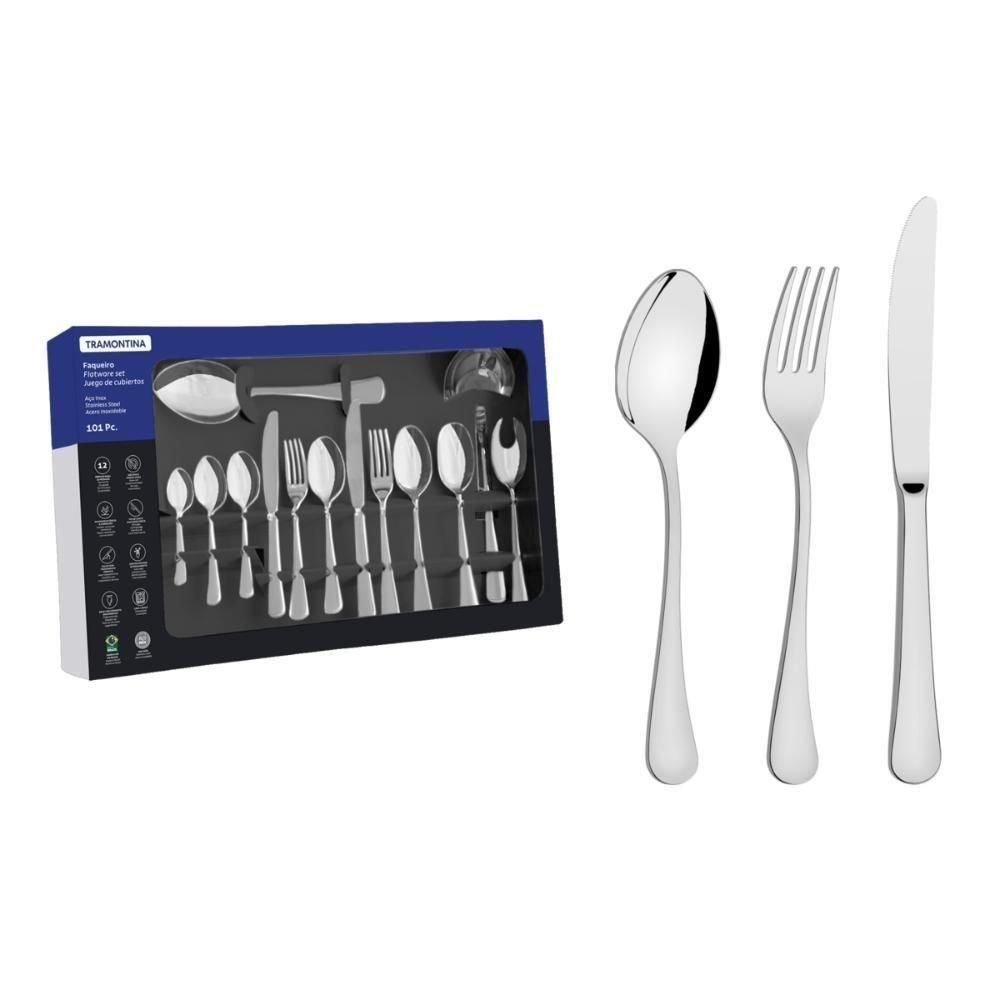 Faqueiro Tramontina Zurique em Aço Inox com Facas de Mesa Acabamento Alto Brilho 101 Peças - 1