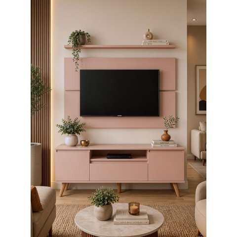 Rack para TV com Painel e Prateleira 150cm Retro MDF Rosa Dallas - On Móveis