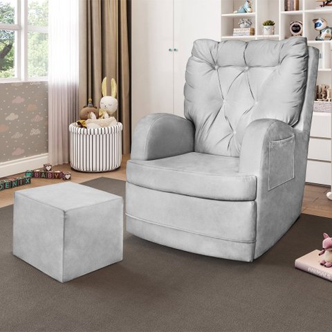 Poltrona de Amamentação Balanço e Giro Lia com Puff 71cm Veludo Cinza - Sallar Home