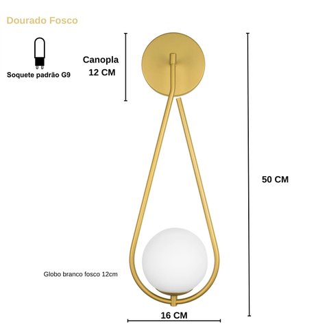 Arandela Luminária Gota Globo 12 Cm Moderno Dourado Fosco Bf Decor Arandela Gota Globo 12