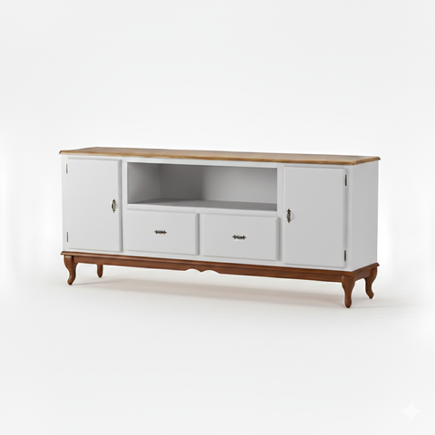 Rack 2 Portas 2 Gavetas Grande MDF Nicho Ecomem Clássico Pés Luiz Xv Off White - Imbuia