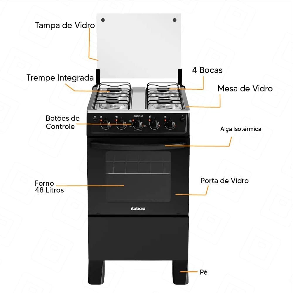 Fogão À Gás Itatiaia Star New 4 Bocas Mesa Inox Forno 48 Litros -preto - 4