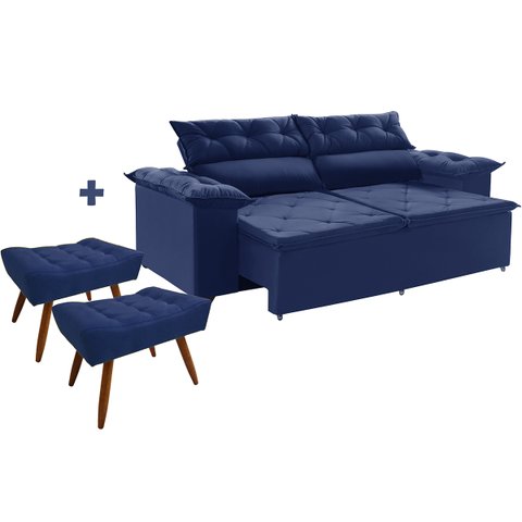 Sofá Azul Compact 200cm de Molas Espirais Retrátil com 2 Puffs Pés Palito