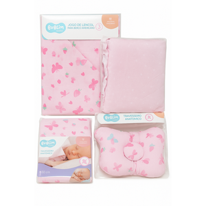 Kit Enxoval Bebe Jogo de Lençol Americano e Travesseiros Borboletas Rosa