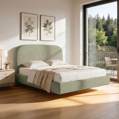 Cama Queen Flutuante com Cabeceira 160cm Aura W01 Bouclê Oliva - Lyam Decor