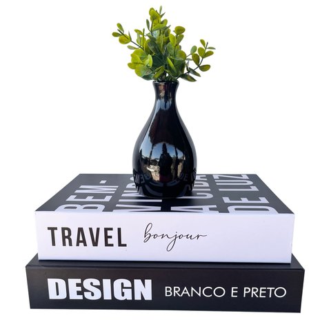 Decoração Dupla Livro Caixa + Vaso Garrafa Preto Cerâmico