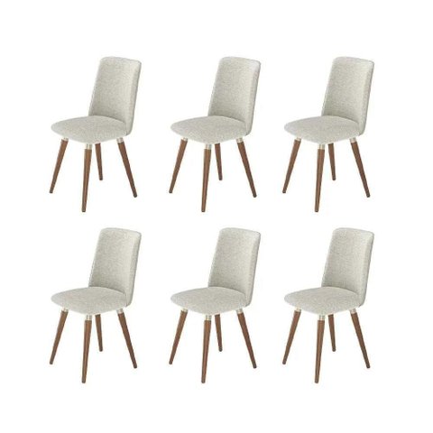 Kit de 6 Cadeiras de Madeira Maciça Estofada Dakota - Natural C/ Bouclé Cru e Pu Off White -