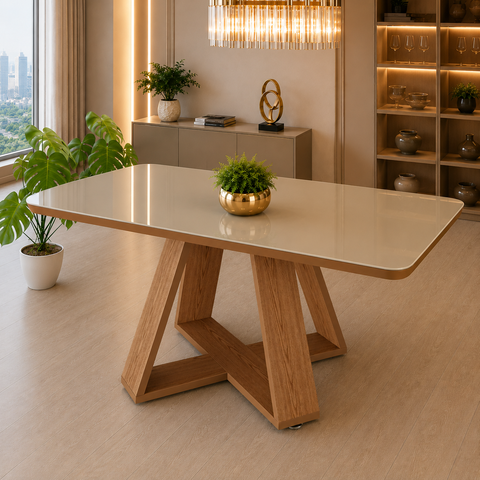 Mesa de Jantar 120x80 Retangular Base MDF com Vidro para Cozinha Sala e Area Goumet:Off White