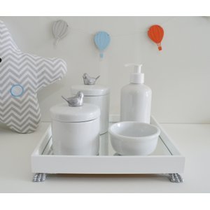 Kit Higiene Porcelana Bebê Banho Cuidado Quarto Unissex Maternidade K014 Pássaro - Prata