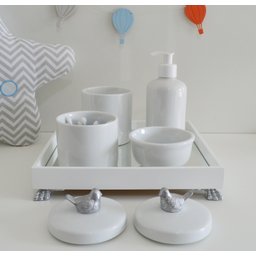 Kit Higiene Porcelana Bebê Banho Cuidado Quarto Unissex Maternidade K014 Pássaro - Prata - 2