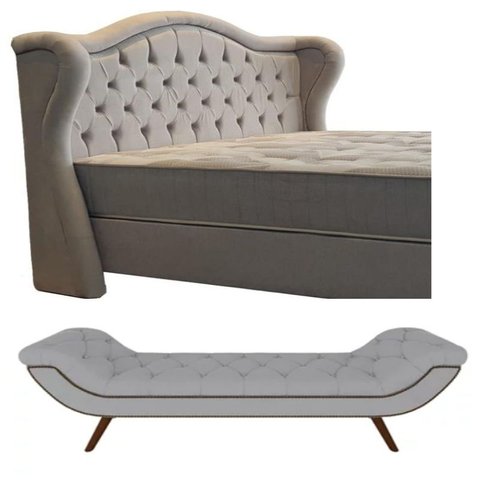 Kit Cabeceira para Cama King 195 Cm Monaco e Recamier Veneza com Tachas - Veludo Cinza