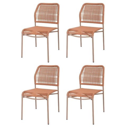 Kit 4 Cadeiras Empilhável Leme Fratini Aço Terracota Assento e Encosto Trama Corda Náutica