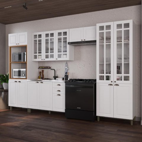 Armário de Cozinha Modulada Completa Fidelitá Nara 100% MDF 5 Peças 350cm 16 Portas 2 Gavetas sem