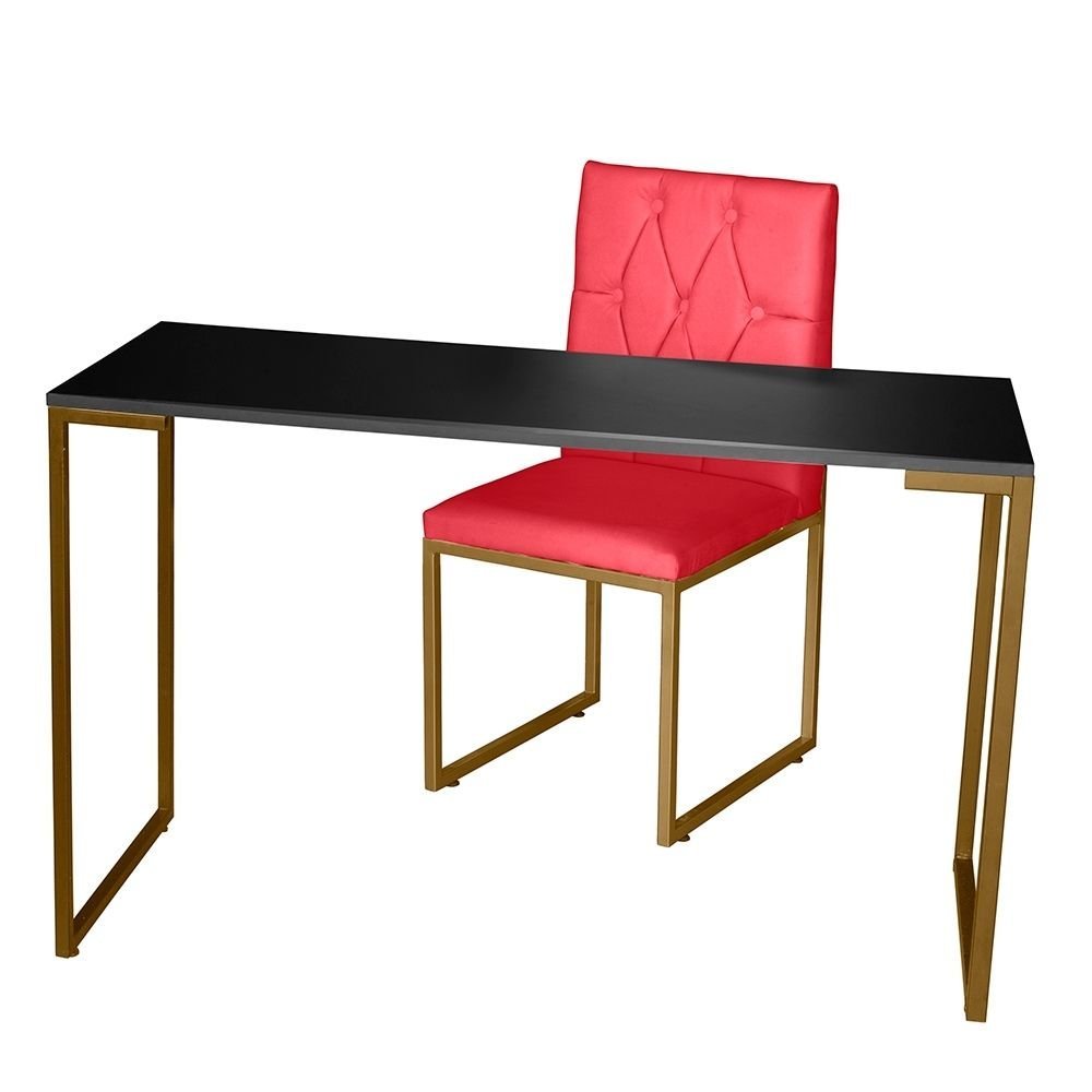 Kit Home Office Mesa Para Escritorio com Cadeira Malta Ferro Dourado Suede Vermelho - Móveis Mafer