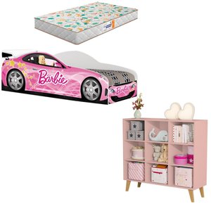 Cama Infantil Carro Rosa com Colchão e Organizador de Bringuedo
