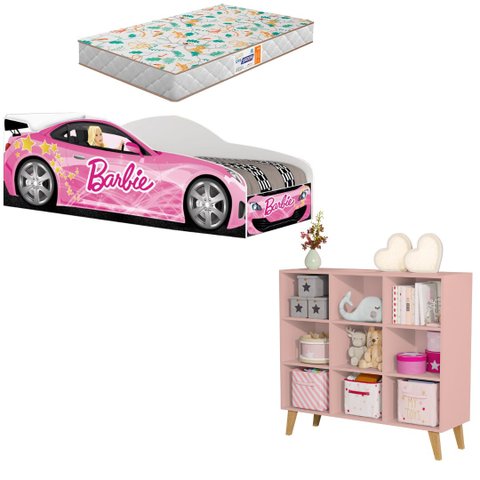 Cama Infantil Carro Rosa com Colchão e Organizador de Bringuedo