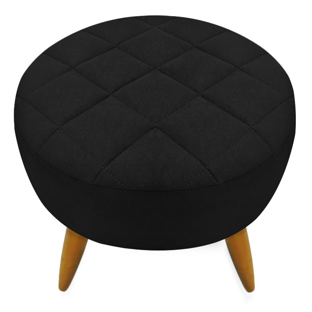 Puff Banqueta Redondo Maitê Matelasse Para Sala Quarto Penteadeira Suede Preto Pés Natural - 2