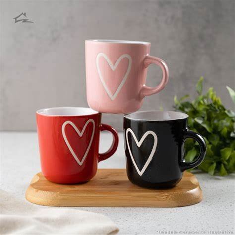 Conjunto 3 Caneca de Porcelana Big Heart Coreção Café Chá Presente - 1