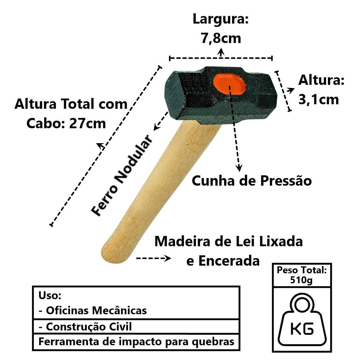 Marreta Cabo de Madeira Lixado Encerado Cunha Pressão 500g Minasul - 4