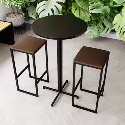 Conjunto Mesa Alta Bar Bistrô Redonda Preta 2 Bancos Estofado Don Castro Decor