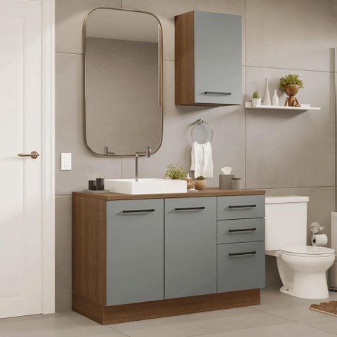 Conjunto Gabinete para Banheiro 120cm 3 Portas 3 Gavetas Rustic/cinza Agata Madesa 01